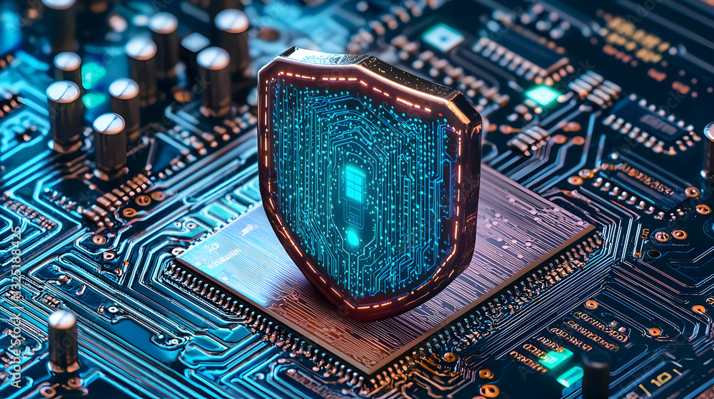 Poster illuminated shield over circuit board representing digital security and data protection