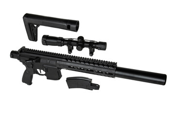 Disassembled air rifle with a scope, stock, and magazine, isolated on a white background.