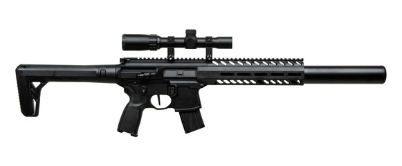 Black air rifle with a scope, featuring a tactical design with a suppressor and a modern stock,...