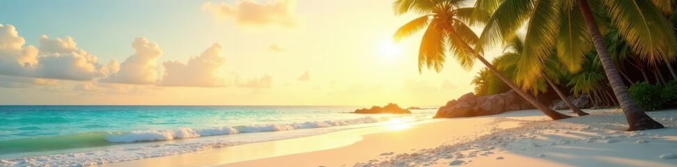 Golden sunlight filters through palms onto white sand beach , sunshine, beach, holiday