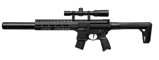 A black air rifle with a scope, highlighting a tactical design with a suppressor and a sleek,...