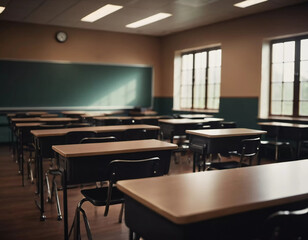 Desks arranged neatly in a classroom with soft natural light filtering through large windows. An inviting atmosphere awaits students ready to learn and explore new ideas Generative AI