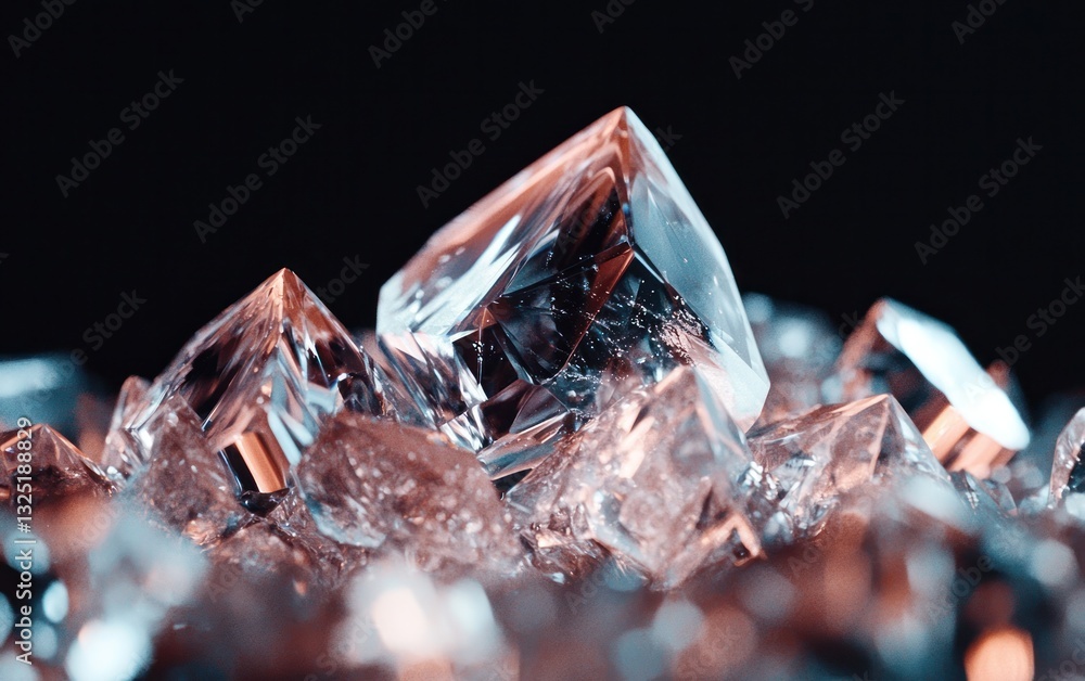 Poster close-up of crystalline structures, exhibiting a blend of transparent and translucent textures with 
