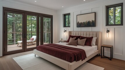 Fototapeta premium A stylish modern bedroom with soft white walls and dark wood paneling, complemented by light wooden floors