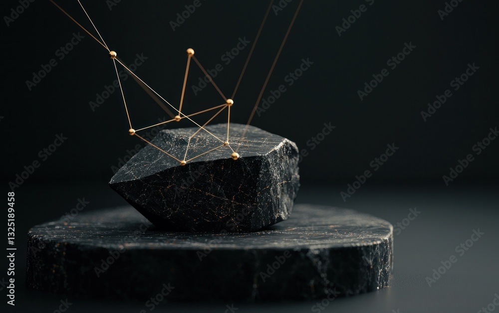 Poster abstract image of a dark, glittering stone on a circular platform with golden geometric lines connec