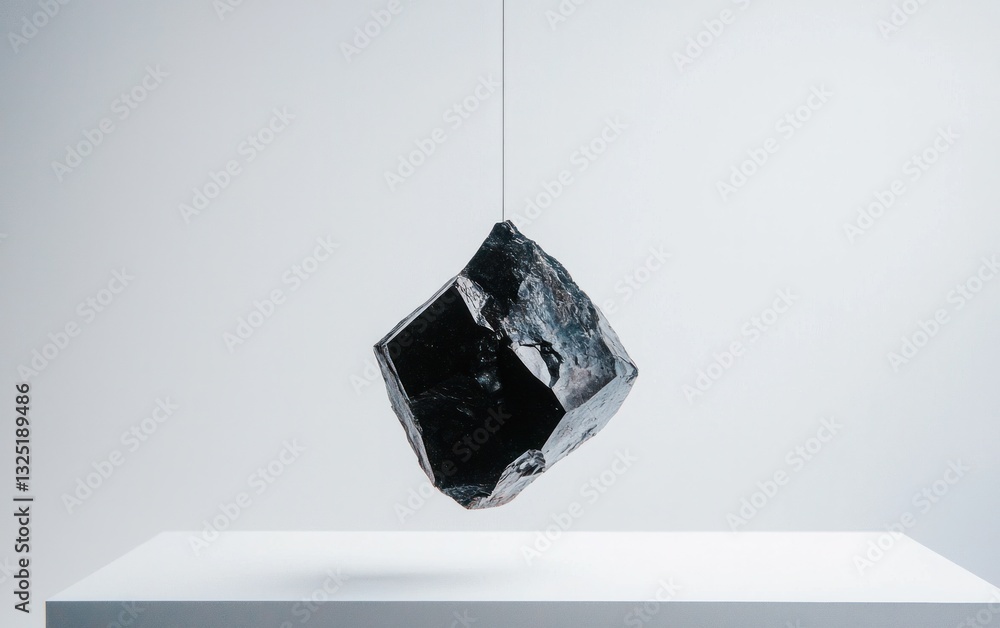 Poster dark gray cube levitating above a white platform against a bright white background. the cube has a s