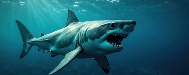 Naklejka premium Great white shark's aggressive posture, jaws open, hunting in ocean depths, powerful, wildlife, aggressive