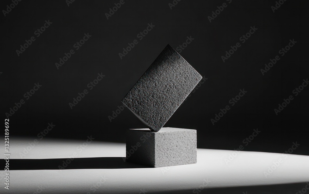 Poster abstract image of two dark gray textured blocks, one rectangular and one cubic, balanced on a light 
