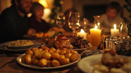 Obraz premium A family gathered around a dinner table enjoying a homemade meal, Family Dining, Warm and joyful