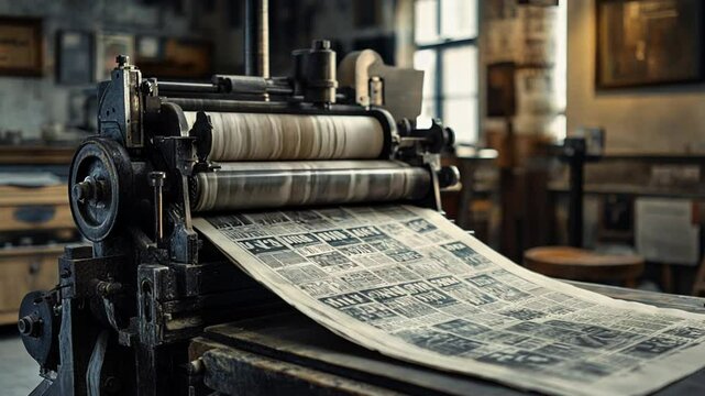Vintage printing press producing newspapers in old workshop, editorial industry and journalism
