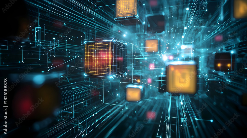 Poster abstract digital cubes connected by lines in blue light creating a futuristic network