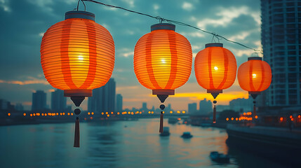 Glowing Lanterns Across River City Sunset