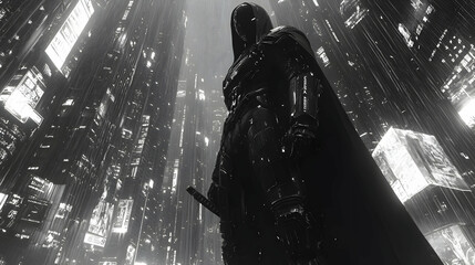 Silhouette Figure In Cityscape At Night