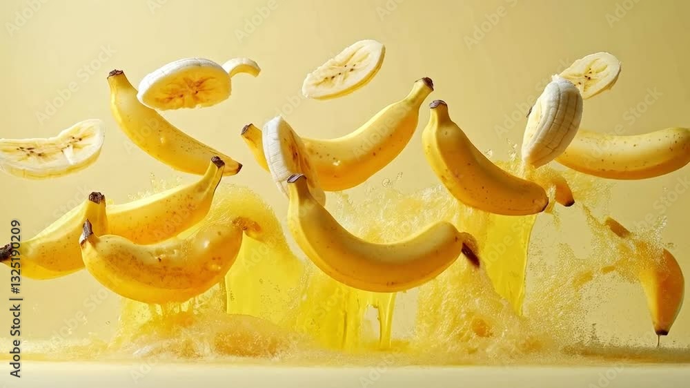Aufkleber a dynamic explosion of ripe bananas and sliced fruit bursts into a splash of yellow liquid. the scen