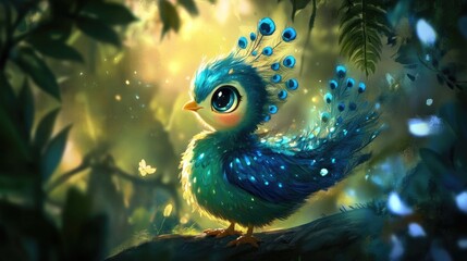 Obraz premium Adorable cartoon bird with vibrant colors perched on a branch