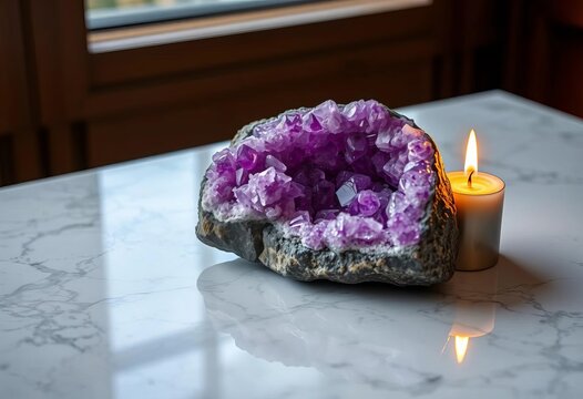 Amethyst cluster & burning candle on polished marble, aesthetic, luxury