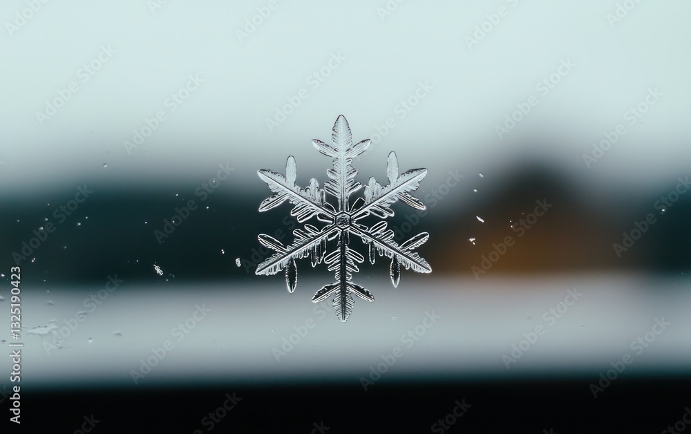Poster close-up view of a single snowflake on a cold windowpane, with a blurred background suggesting an ou