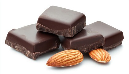 Dark Chocolate Squares with Almonds on a White Background Perfect for Culinary Use in Desserts, Baking, and Gourmet Recipes.