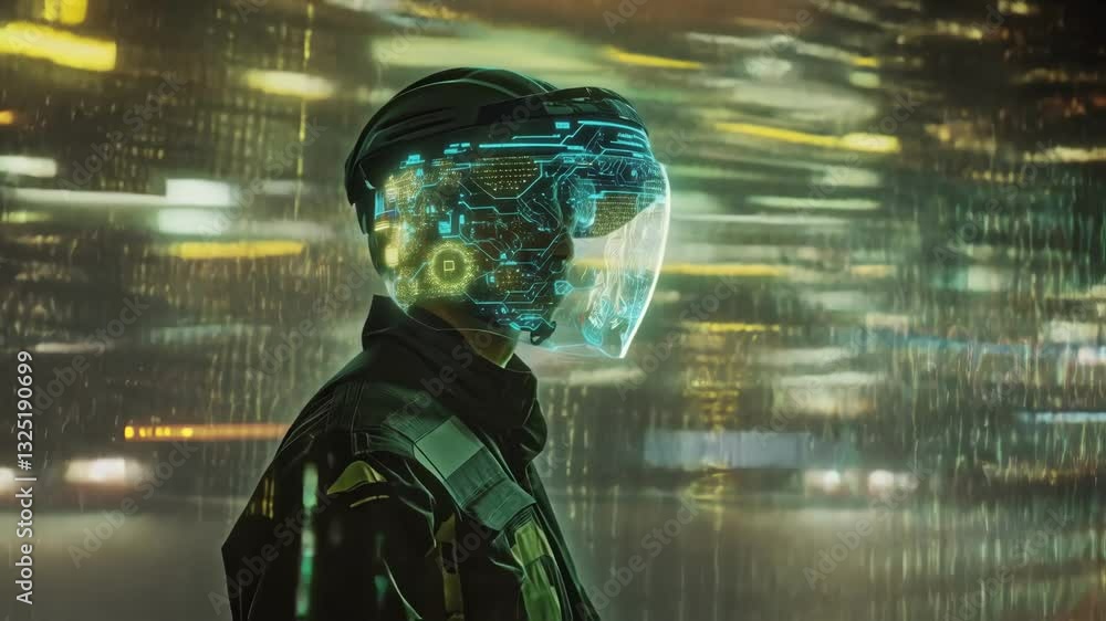 Poster industrial worker wearing a futuristic augmented reality headset monitors an innovative manufacturin