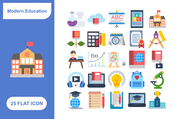 Obraz premium Modern Education Flat Icon Set, Collection of 25 Modern Education Flat Icon Set – 25 Learning, School, and Online Study Icons