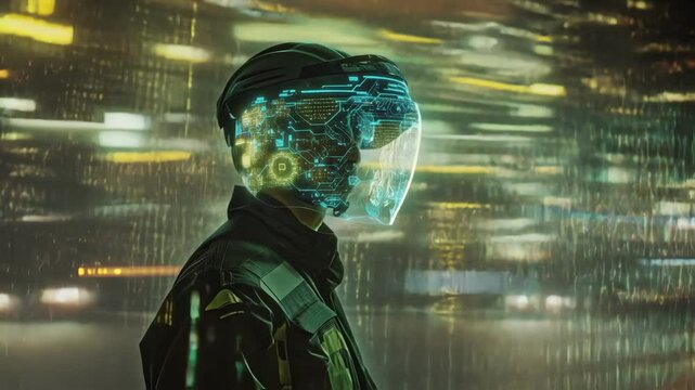 Industrial worker wearing a futuristic augmented reality headset monitors an innovative manufacturing process in a high tech factory, visualizing data and information projected on the visor