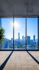 Sunlight through office windows facing urban skyline.