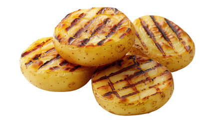 Grilled potato slices stacked on transparent background: showing delicious barbecue marks