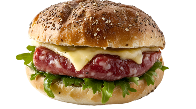 Delicious Cheeseburger with Lettuce and Seeds Bun Isolated on a Transparent Background. Perfect for fast food branding, restaurant menus, and advertisements.