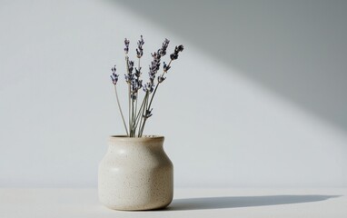 Dried lavender sprigs in a speckled ceramic vase, illuminated by a shaft of sunlight against a bright white background. The image evokes a feeling of serenity and minimalist elegance