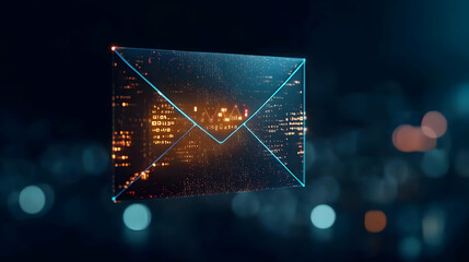 Glowing Digital Email Envelope Illustration Over Blurred City Lights Background