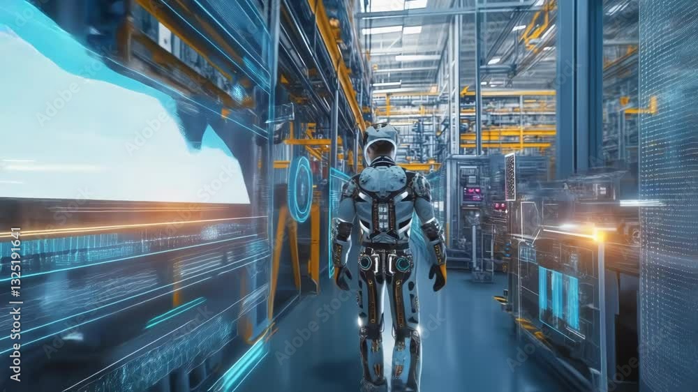 Poster inside a modern factory, digital displays present real time data and automation processes, showcasin