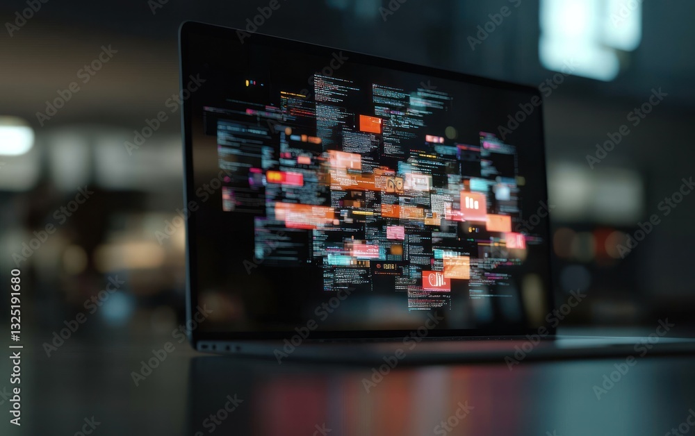 Poster close-up of a laptop displaying a screen filled with colorful, dynamic data streams. the laptop sits