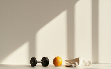Black dumbbell, orange, and crumpled white cloth on a light wooden surface against a textured beige wall with sunlit shadows. Health and fitness concept