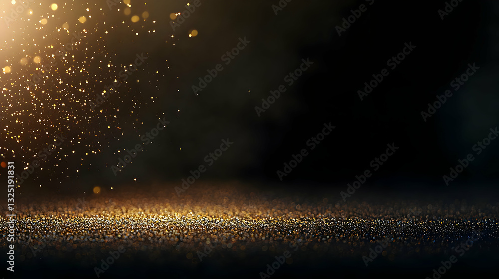 Poster golden glitter particles illuminated by a beam of light forming a luxurious texture on dark backgrou