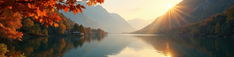 Fototapeta premium Golden light bathes Hintersee's tranquil waters; autumn leaves frame the scene , lake, autumn