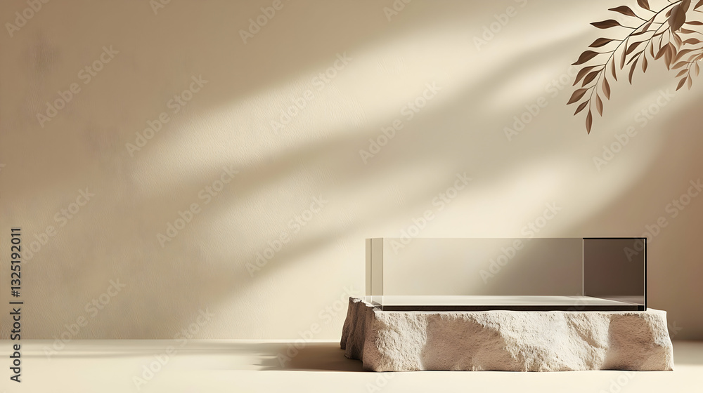 Poster beige display podium on stone in sunlight with leaf shadow minimalist product showcase background 3d