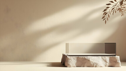 Beige Display Podium On Stone In Sunlight With Leaf Shadow Minimalist Product Showcase Background 3D Render