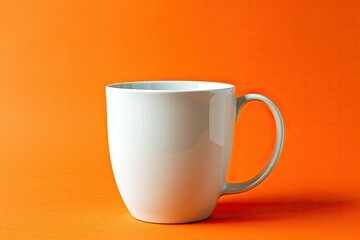 high definition image of White mug on orange background, free space for text, hot drinks concept