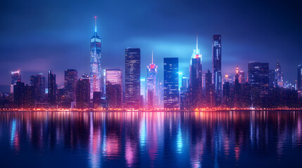 Fototapeta premium Nighttime city skyline with illuminated skyscrapers reflecting in water, creating a vibrant atmosphere