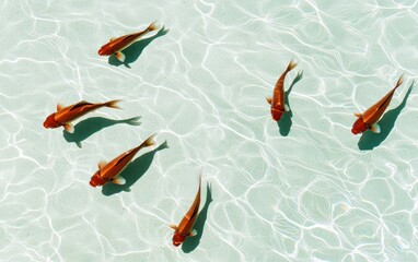 Aerial view of eight orange Koi fish swimming in a shallow, light teal pool. Sunlight creates shadows and ripples on the water's surface