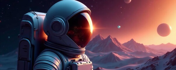  Astronaut helmet with clear visor and distant planets reflected, helmet, cosmic