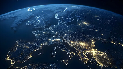 Obraz premium Night View Of Earth With Illuminated City Lights Against Dark Blue Space Background