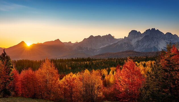 majestic mountain range surrounded by vibrant autumn foliage at sunset in a serene landscape