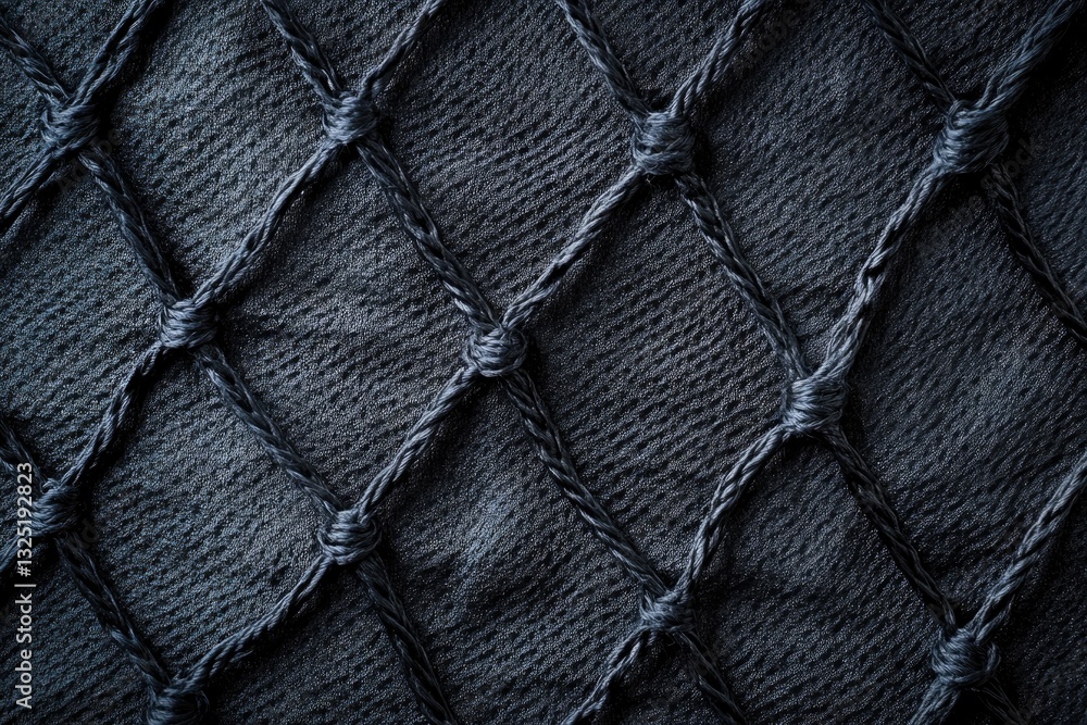 Poster dark gray textured fabric with knotted rope netting design detail close up