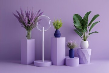 Contemporary Pedestal and Unique Display Stand on Soft Lavender Background for Showcase