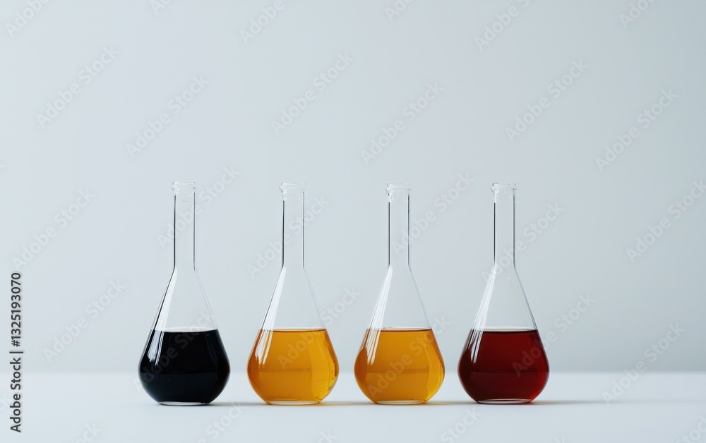 Poster four erlenmeyer flasks containing different colored liquids are arranged in a row against a white ba