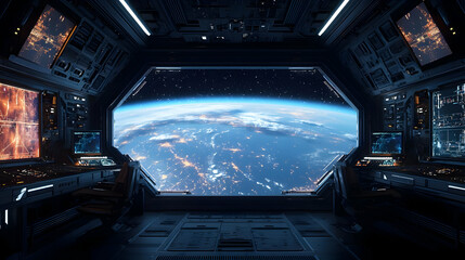 View Of Earth From A Futuristic Spacecraft Cockpit With Blue And Orange Illuminated City Lights At Night
