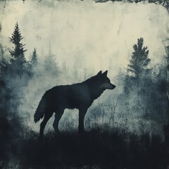 A silhouetted wolf stands in a foggy forest setting