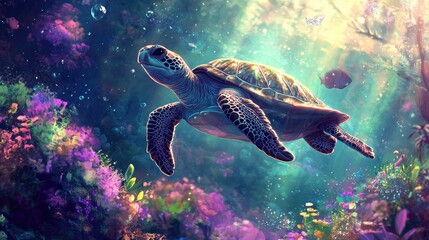 Obraz premium A sea turtle gracefully swims amidst vibrant coral and bubbles