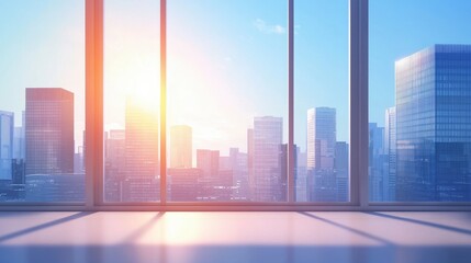 Bright urban skyline with city view, clear blue skies